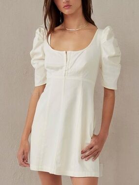 Free People Cheyenne Denim Mini Dress Ivory Puff Sleeves Boho Short ~Size M